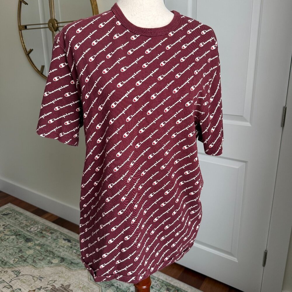 Champion Heritage Y2K All Over Print Womens Large Spell Out Maroon 100% Cotton - Picture 2 of 8